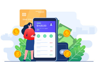 Online mobile banking and mobile payment flat illustration concept, Female character use smartphone to log into bank account, Digital wallet, internet money, Savings and finance