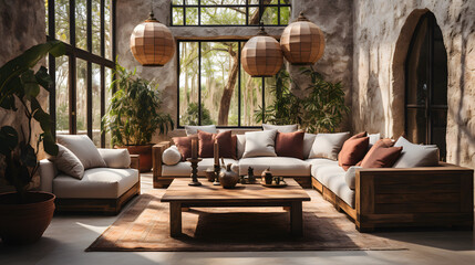 Rustic furniture, sofa and lounge chairs in classic room. Boho interior design of modern living room 
