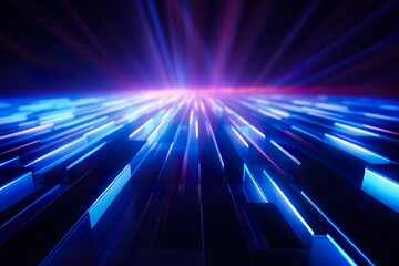 Fototapeta premium Dark blue abstract neon lights background, technology business grainy gradient dynamic perspective background