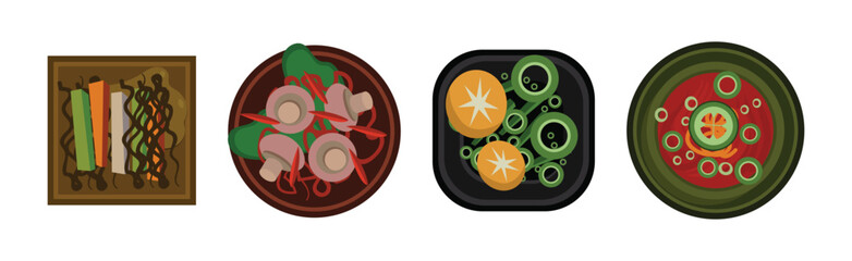 Different Food Served on the Plate Flat Vector Set