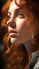 Fototapeta premium close up mid face of Young woman skin texture side view telephoto lens bright lighting defocus generative ai