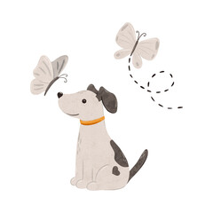 Cute puppy Stabyhoun with white butterfly. Digital hand drawn illustration with a small baby dog for textile design, poster, postcard. Cartoon style character drawing for printing