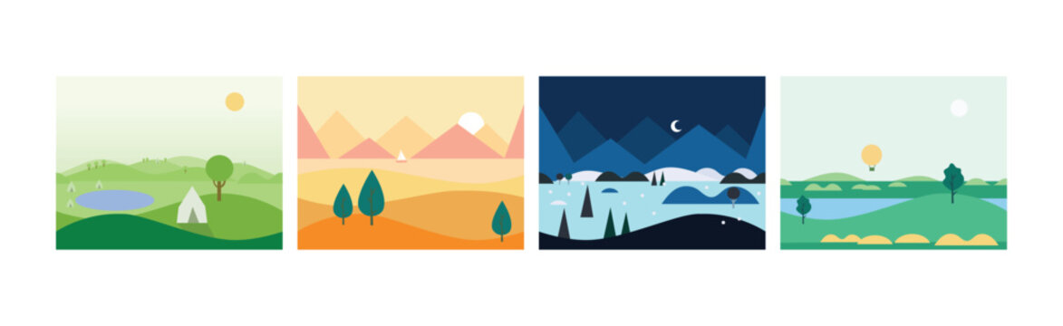 Flat Landscapes View and Picture as Game Background Vector Set