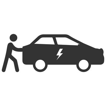 Vector illustration of people pushing electric cars icon in dark color and transparent background(png).