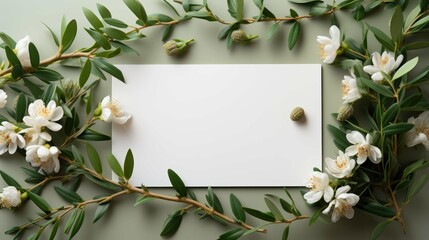 Frame with white flowers and green leaves