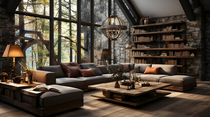 Rustic interior design of modern living room with grey sofas.