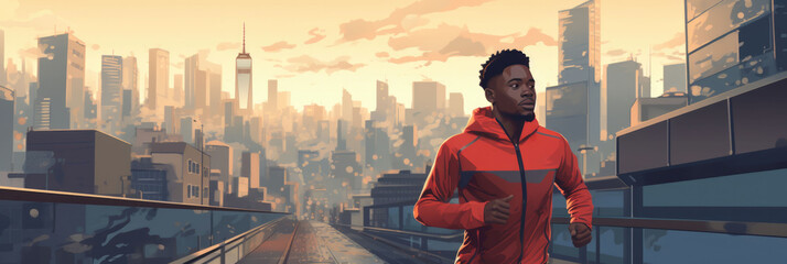 African Man Run In A Tracksuits On City Background