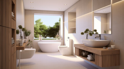 Bathroom in bright colors Showing freshness coupled with a beautiful environment.generative ai