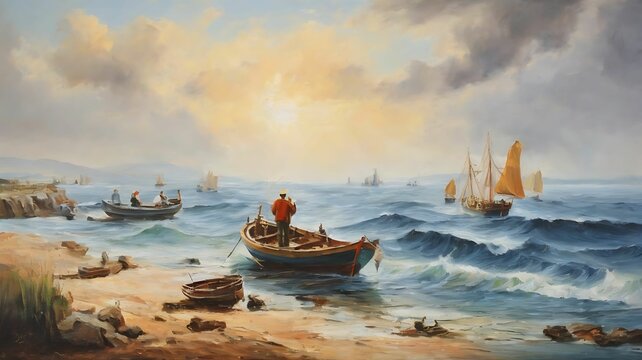 Fisherman, ships, boat, sea landscape, oil paintings.