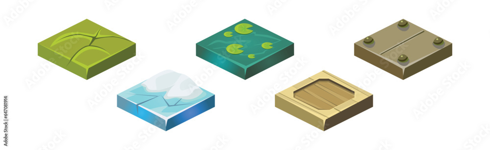 Poster ground textures game surface and platform square isometric vector template set