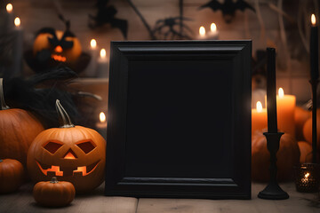 Halloween mockup, shelf with empty frame and holiday decorations. AI generated