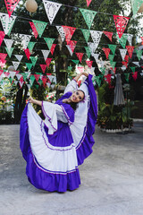 Mexican Woman in Traditional Dress Dancing at parade or cultural Festival in Mexico Latin America, hispanic female in independence day or cultural festival party