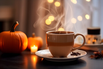 Obraz premium Pumpkin for halloween on table with coffee cup. AI generated