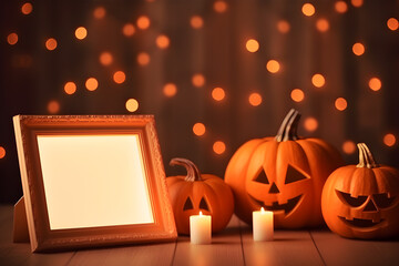 Halloween mockup, shelf with empty frame and holiday decorations. AI generated
