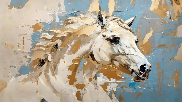 Hand drawn abstract white horse art background. Oil on canvas. Golden texture. Fragment of artwork. Paint spots. Brushstrokes of paint. modern Art.