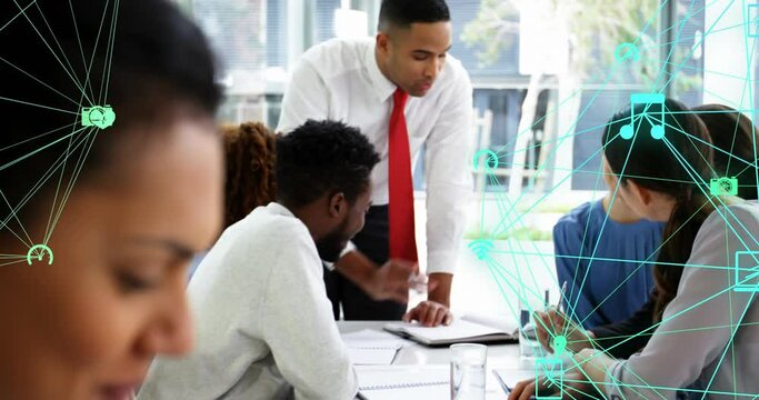 Animation of globes of digital icons spinning against portrait of biracial woman smiling at office - Powered by Adobe
