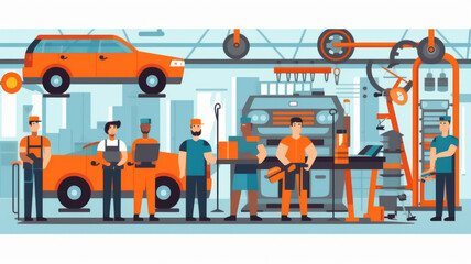 Vector, illustrator The automotive technician is standing in a well-equipped workshop filled with tools.generative ai