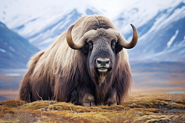 Musk ox on a pasture in the wild
