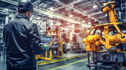 Fototapeta premium stock photo close up a back site engineering holding a tablet checking work at Car Factory Automotive.generative ai