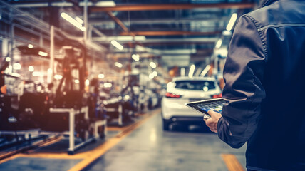 Obraz premium stock photo close up a back site engineering holding a tablet checking work at Car Factory Automotive.generative ai