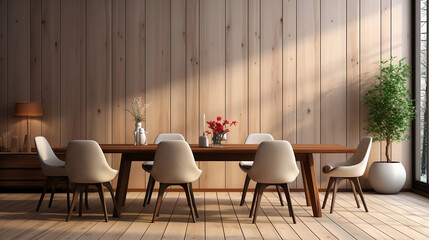 Minimalist interior design of modern dining room with rustic furniture