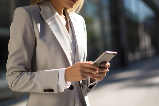 Businesswoman using smartphone,closeup on hand,over sholder camera angle,daylight.
