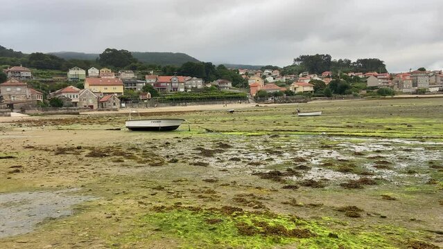 Low tide at Combarro village, Galicia, Spain. Dry lake.