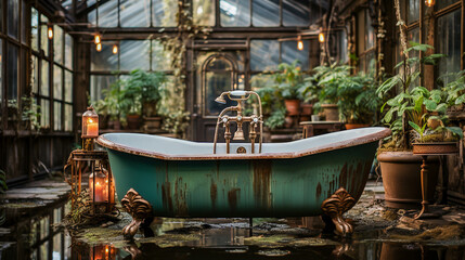 Old copper bathtub in an abandoned bathroom, lost place - obrazy, fototapety, plakaty