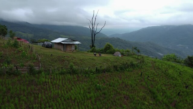 Beautiful Thai landscape in the Sop Moei district and lone building. Aerial