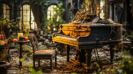 Old piano with chair in an abandoned ruin