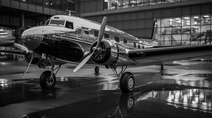 old vintage airplane in the airport hanger - obrazy, fototapety, plakaty