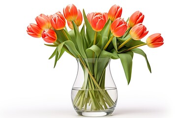 Seven red orange freshly cut tulips in a clear glass vase filled with water isolated over white