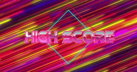 Animation of high score text over neon banner against colorful light trails in seamless pattern - Powered by Adobe