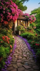 Fototapeta na wymiar Enchanted Oasis: A Vibrant Home Garden and Pathway Retreat. Generative AI 11