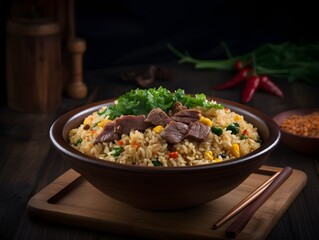 An amazing photo of Delicious Beef Fried Rice. Created with Generative AI Technology