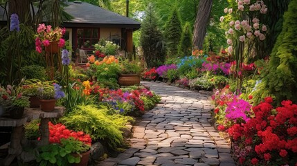 Enchanted Oasis: A Vibrant Home Garden and Pathway Retreat. Generative AI 8