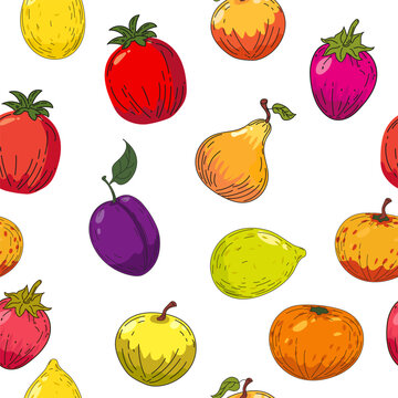 Colorful bright fruits seamless pattern. Hand drawing sketch fruits