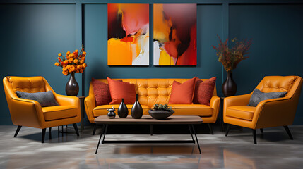 Suprematism style interior design of modern living room with red and yellow armchairs against of colorful vibrant wall