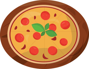 pizza with tomato and basil on a wooden plate Free Vector