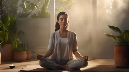 woman meditating in yoga position, woman's fitness, relaxation pose