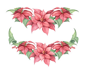 Set of Red Christmas poinsettia flowers. Watercolor illustration.