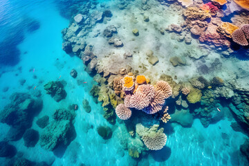 aerial view of beautiful underwater coral reef with fish