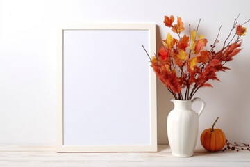 A mock-up of a white empty frame stands on a table with a vase and an autumn bouquet