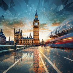 Track photography capturing Big Ben, London's iconic clock tower, in urban setting. - obrazy, fototapety, plakaty
