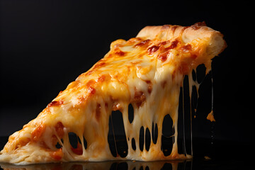 studio shot of slice of pizza with stringy cheese