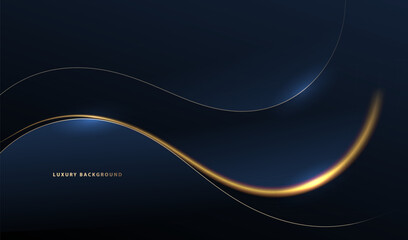 Backdrop with luxury blue dark waves. Background vector with gold shiny wavy lines. Futuristic business elegant concept.