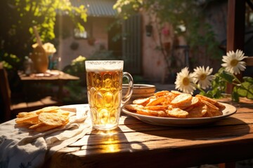 A glass of beer stands on a wooden table with chips