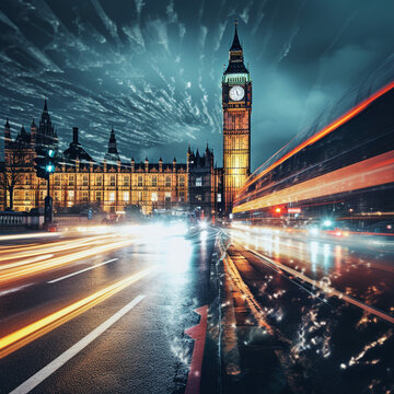 Track photography capturing Big Ben, London's iconic clock tower, in urban setting.
