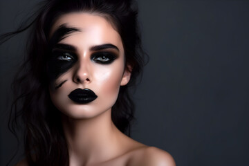 Fashion editorial Concept. Closeup portrait of stunning pretty woman with chiseled features, dark smoky makeup. illuminated with dynamic composition dramatic lighting. copy text space