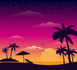 beautiful coconut tree romantic sunset beach sea view vector